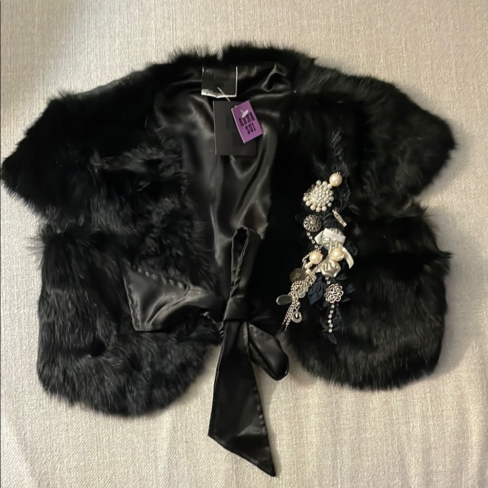 Anna Sui Black Real Fur Vest/Bolero Jacket with Decorative Jewelry Accents